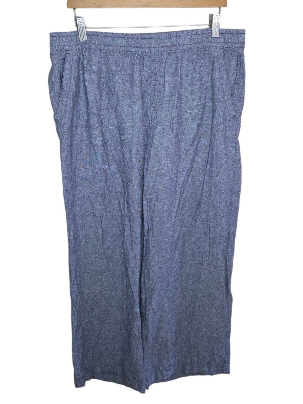 Old Navy Blue Chambray Pull-On Waist Cropped High Rise Wide Leg Pants Size Large